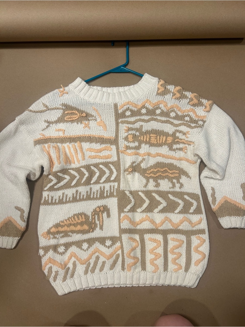 Cream Crewneck Sweater with Tan and Peach Graphic Stitching